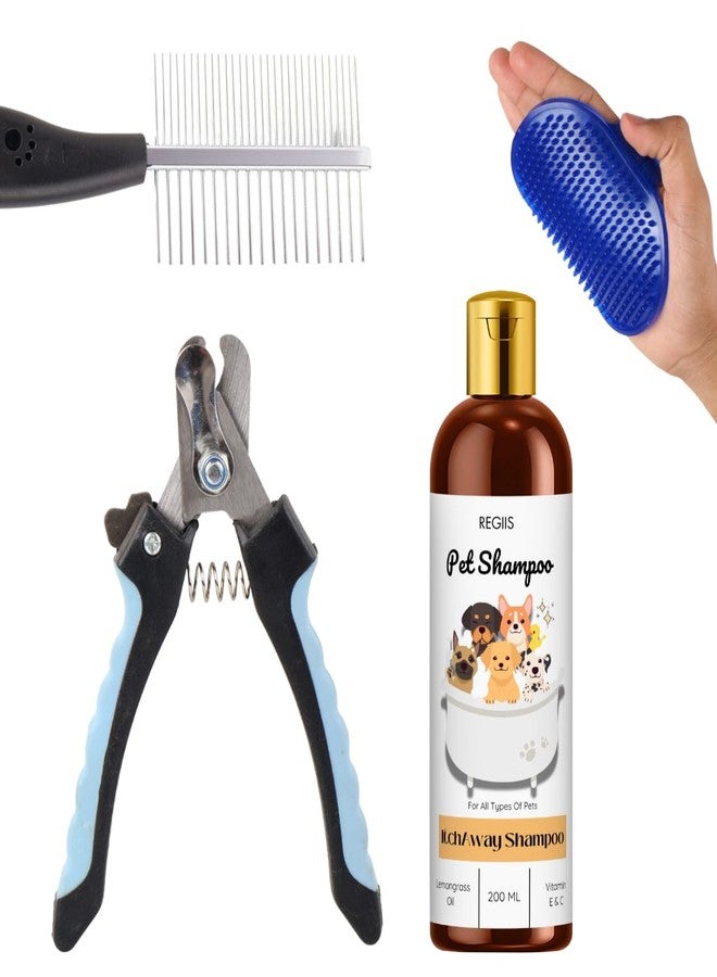 مجموعة ريجيس للعناية بالحيوانات الأليفة، مجموعة من 4 قطع تشمل شامبو للكلاب، مقص أظافر، مشط معدني، وفرشاة سيليكون لجميع أنواع الحيوانات الأليفة - Image 1